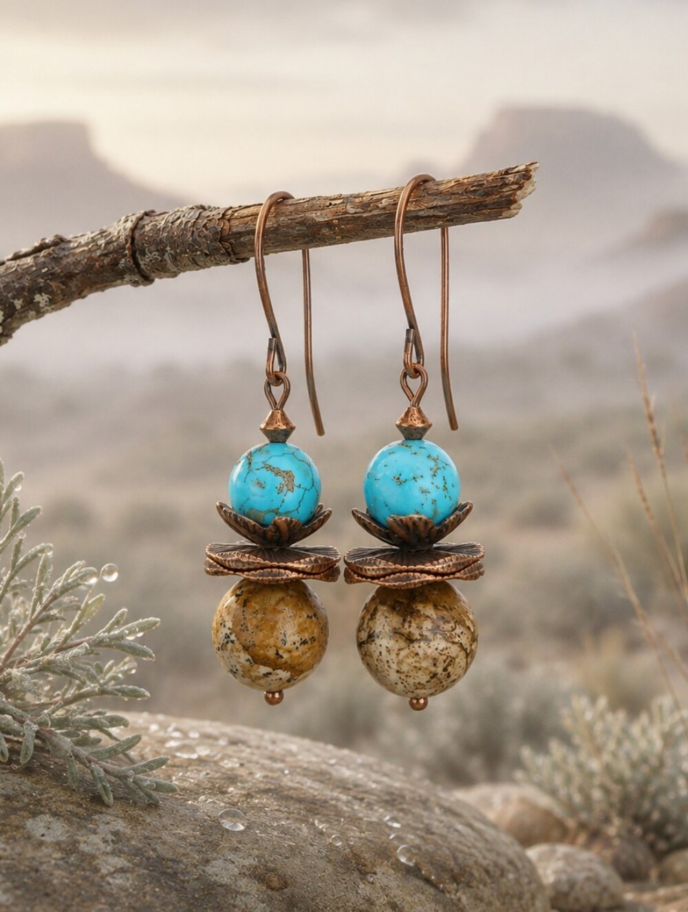 Copper Turquoise Earrings Picture Jasper Southwest Rustic Artisan Hand Crafted